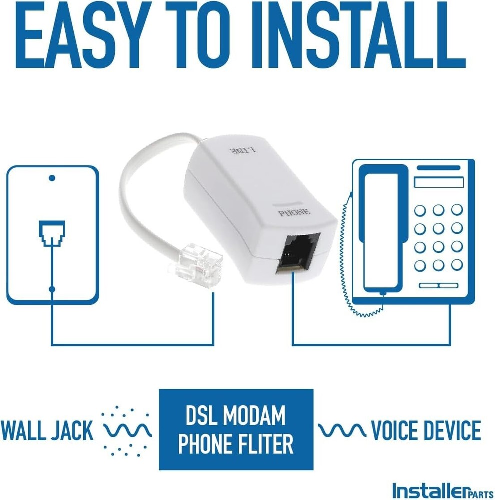 White Inline DSL Filter - Eliminates Modem Interference, RJ11 Compatible