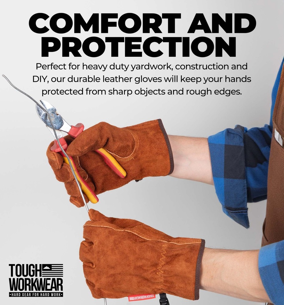 Tough Workwear Leather Work Gloves - Cow Split Leather Gardening Constructio...