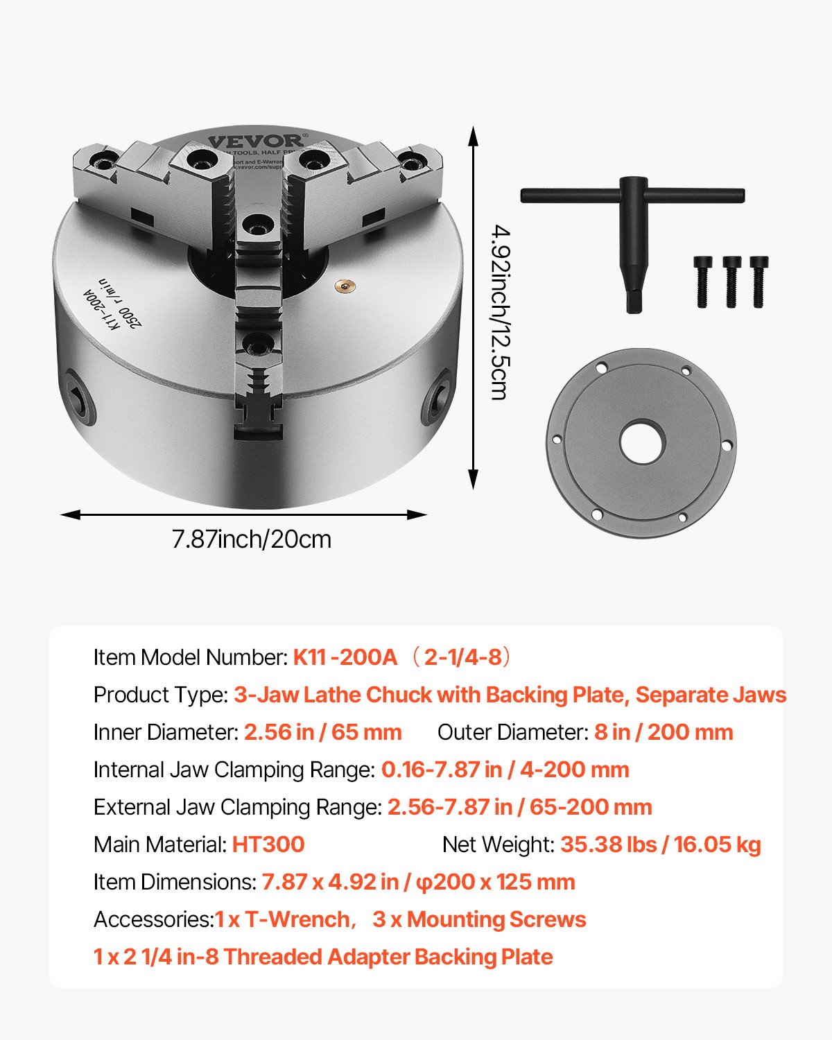 VEVOR 8 Inch 3-Jaw Self-Centering Lathe Chuck with 2 1/4 in-8 Threaded Backing