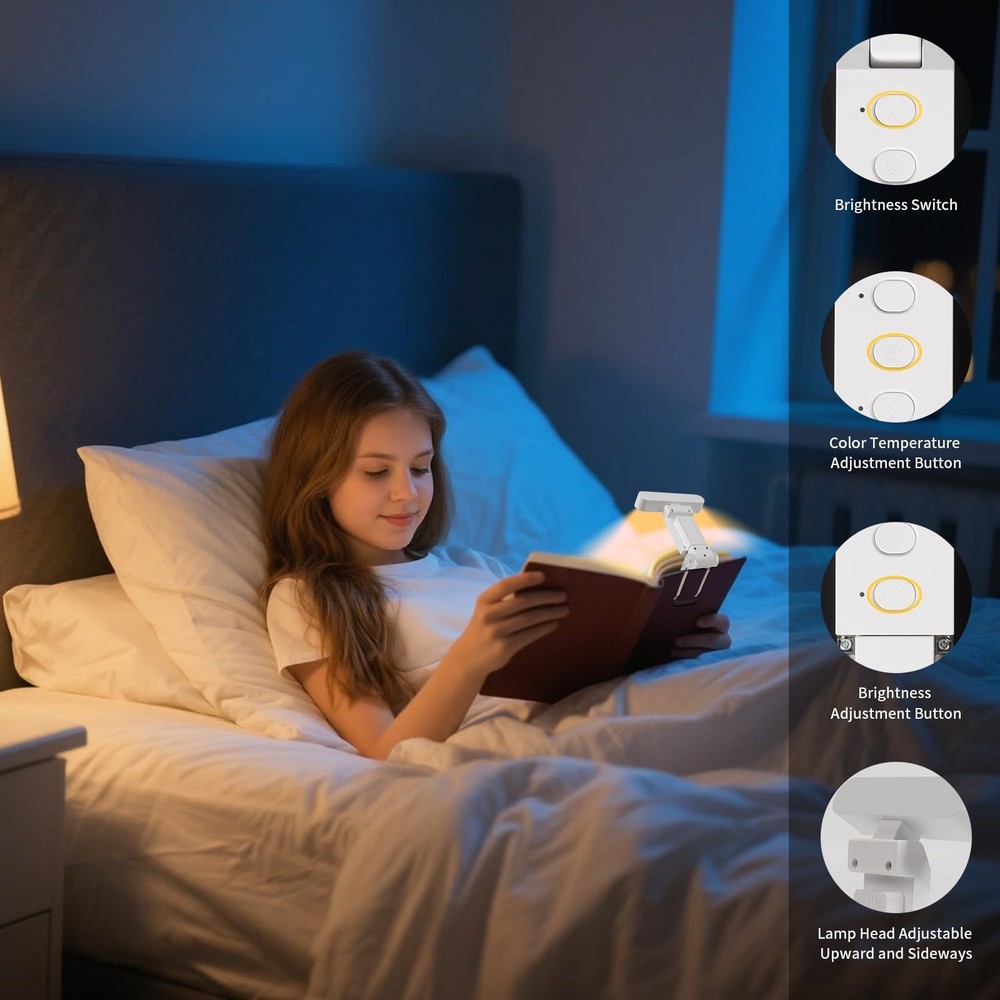 Book Light USB Rechargeable Clip-On Reading 30 Adjustable Modes Timer White