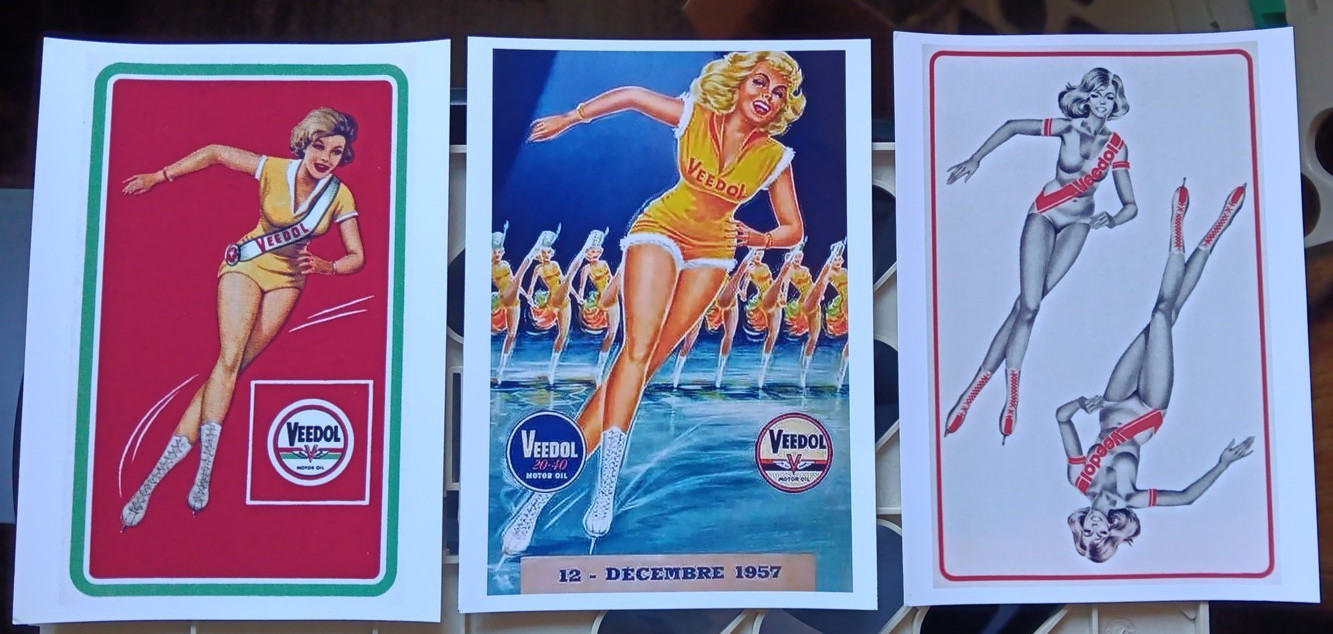3 VEEDOL  ICE SKATE PINUPS new   5X7 PHOTO REPRINTS FROM OLD BLOTTERS