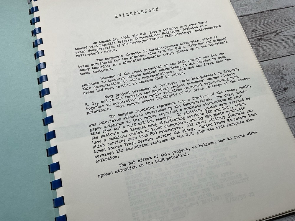 ORIGINAL 1958 REPUBLIC AVIATION REPORT ON PRESS COVERAGE DASH HELICOPTER
