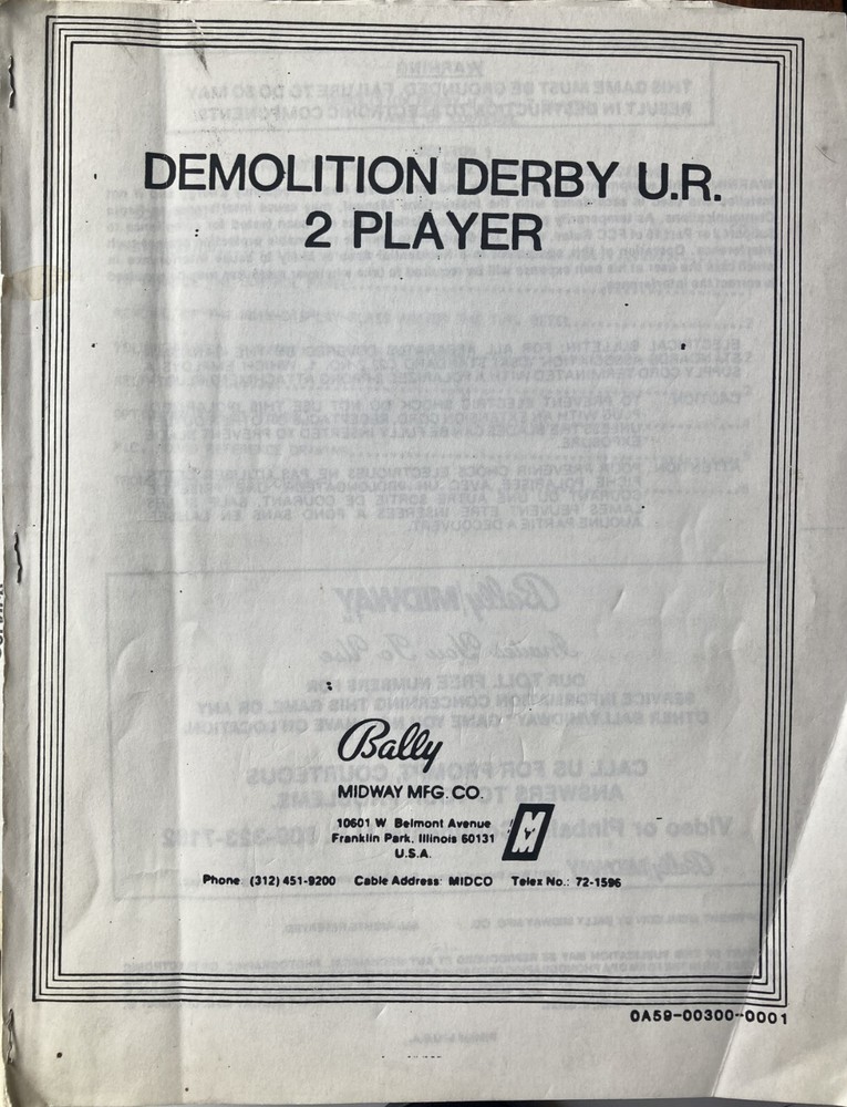 Demolition Derby U.R. Arcade Game Manual