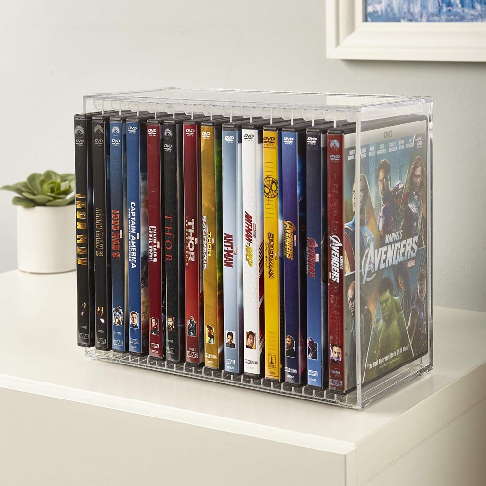 Stackable Clear Plastic DVD Organizer with Rubber Feet | Rectangular Holder P...