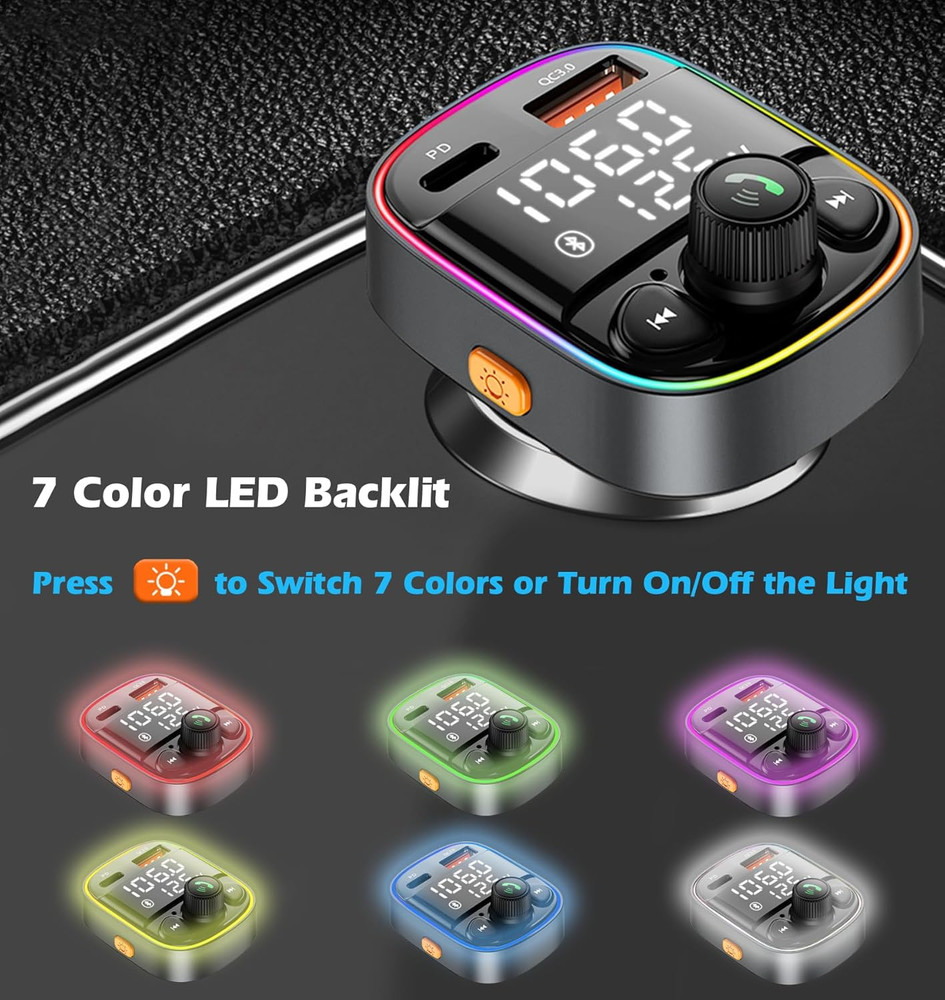 Bluetooth 5.4 Bluetooth Car Adapter, FM Transmitter with Qc3.0/Type-C 42W Fast C