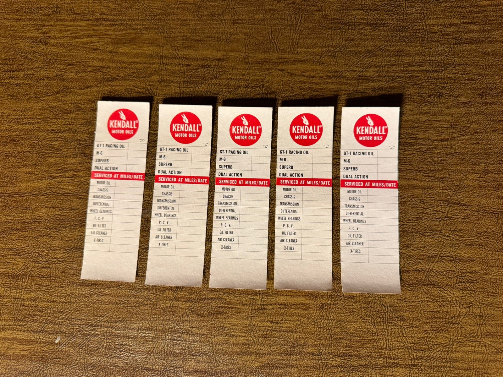 Rare Vintage Five Original Kendall Motor Oil Change Oil Door Jamb Stickers.