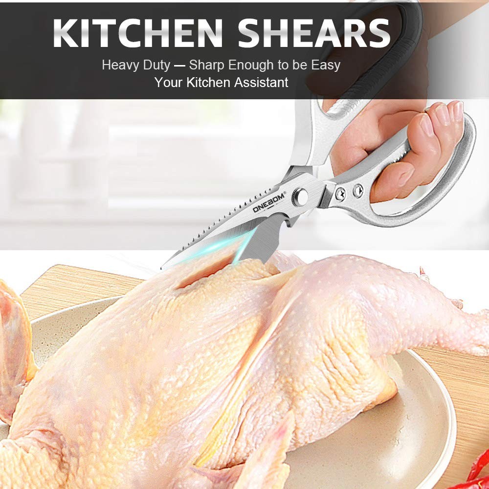 ONEBOM Kitchen Shears 2 Pack,Multi-Function Scissors Heavy Silver