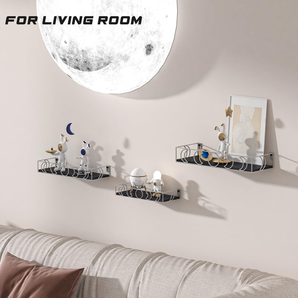 Moon Phase Small Floating Wall Shelves 3-Pack, Black Silver Decorative Display