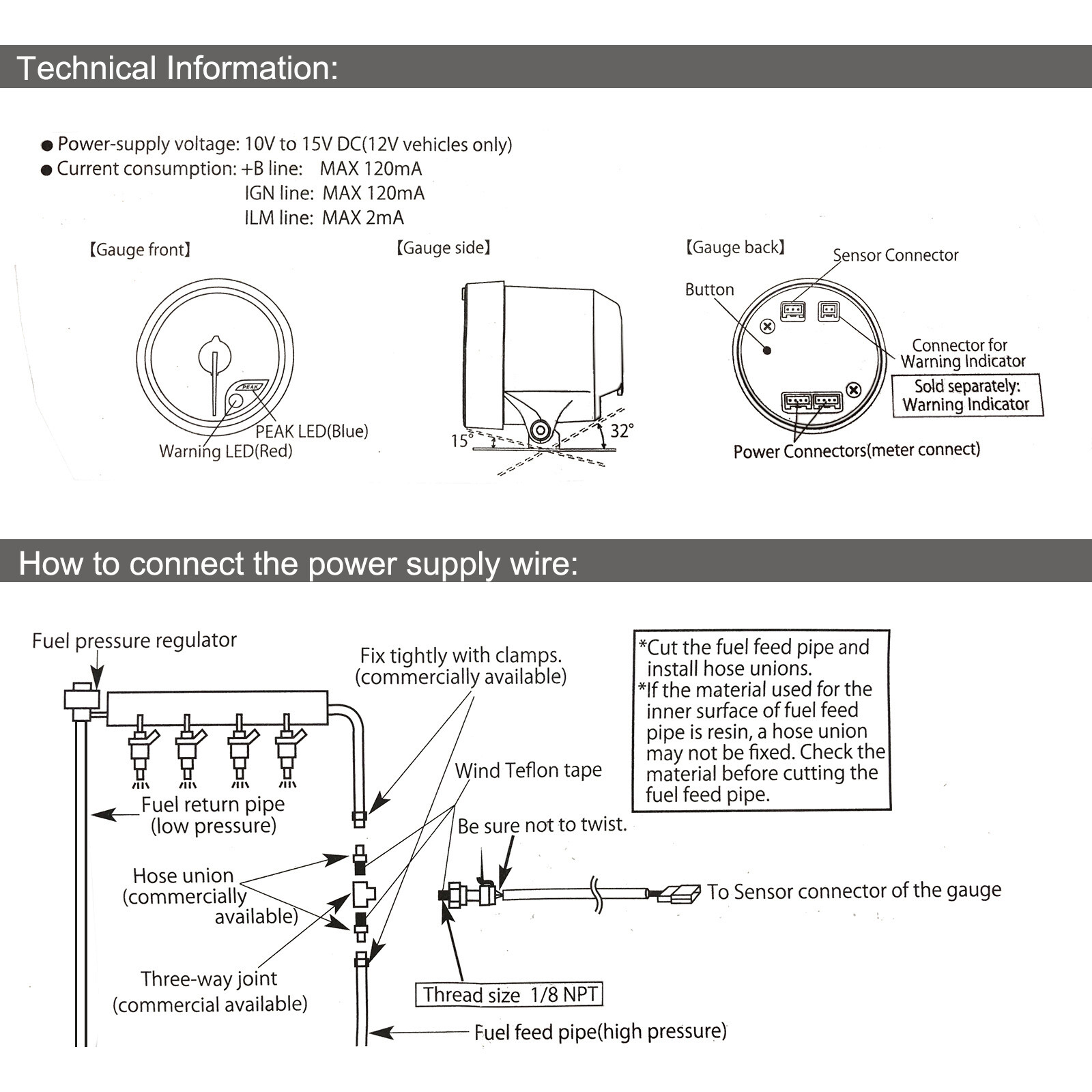 0-80 PSI 52mm 2-1/16" Fuel Pressure Gauge 7 Color Meter W/ Press Alarm Sensor