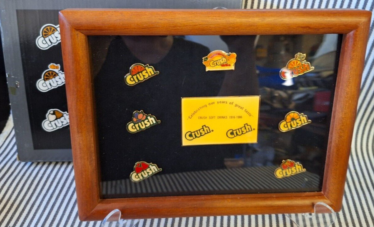 NIB VTG FRAMED ORANGE CRUSH 7 LAPEL PIN SET 1916-1986 70 YEARS SOFT DRINKS SODAS