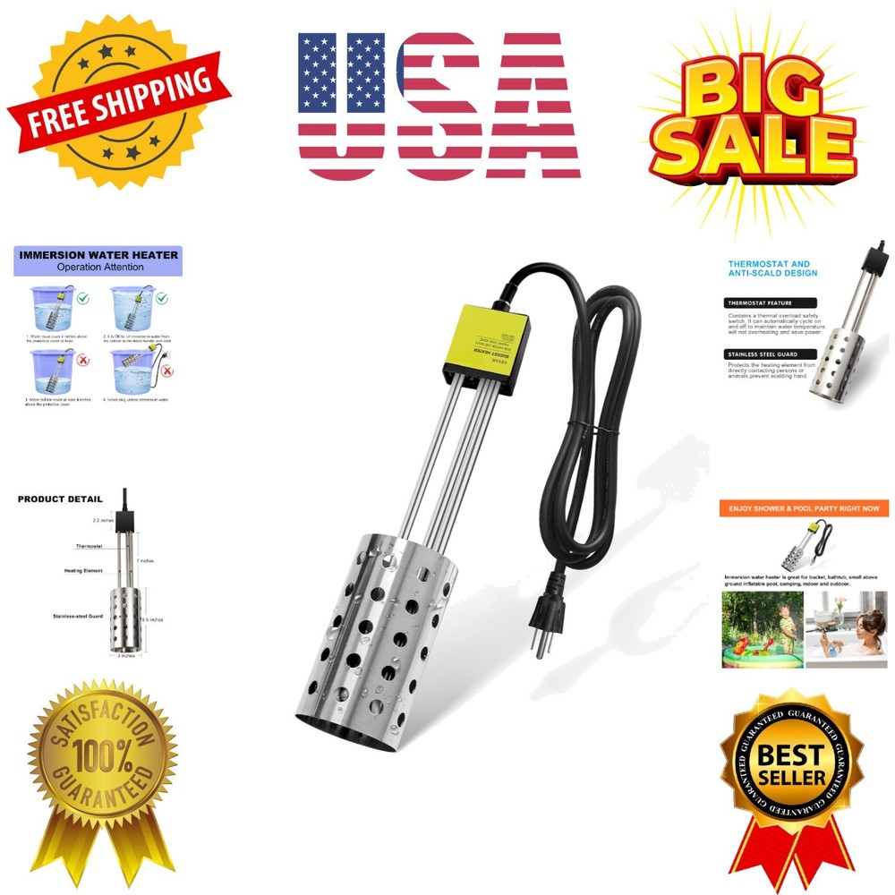 1500W Bucket Heater, Rust Proof Built in Temperature Controller Immersion Wat...