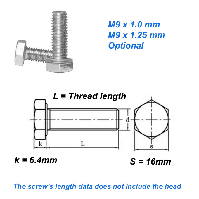M9x1 / M9x1.25 304 Stainless Steel M9 Hexagon Head BoltsHex Head Screws Pitch
