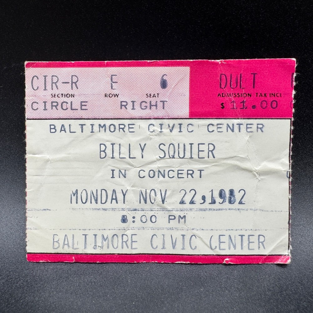 1982 BILLY SQUIER CONCERT TICKET STUB, BALTIMORE CIVIC CENTER