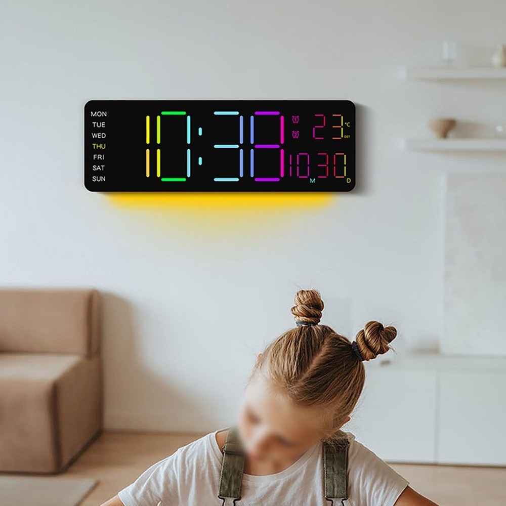 Digital RGB Wall Clock with Remote Control Temp Date Week Adjustable Brightness