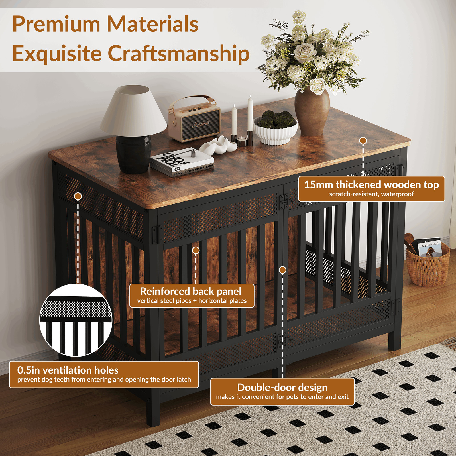 47in Wooden Dog Crate Furniture Style Cage Heavy Duty Indoor Kennel for Big Dog