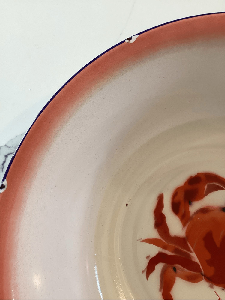 Large Crab Enamelware Bowl Pink White