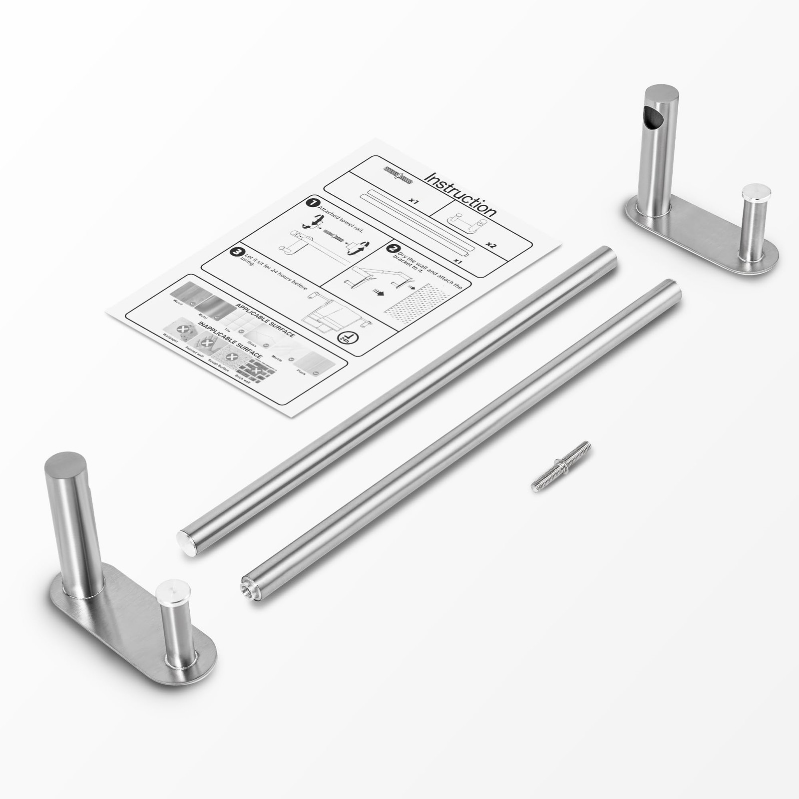 24 Inch Adhesive Towel Bar - Stainless Steel Stick on 24 inch, Brushed Nickel