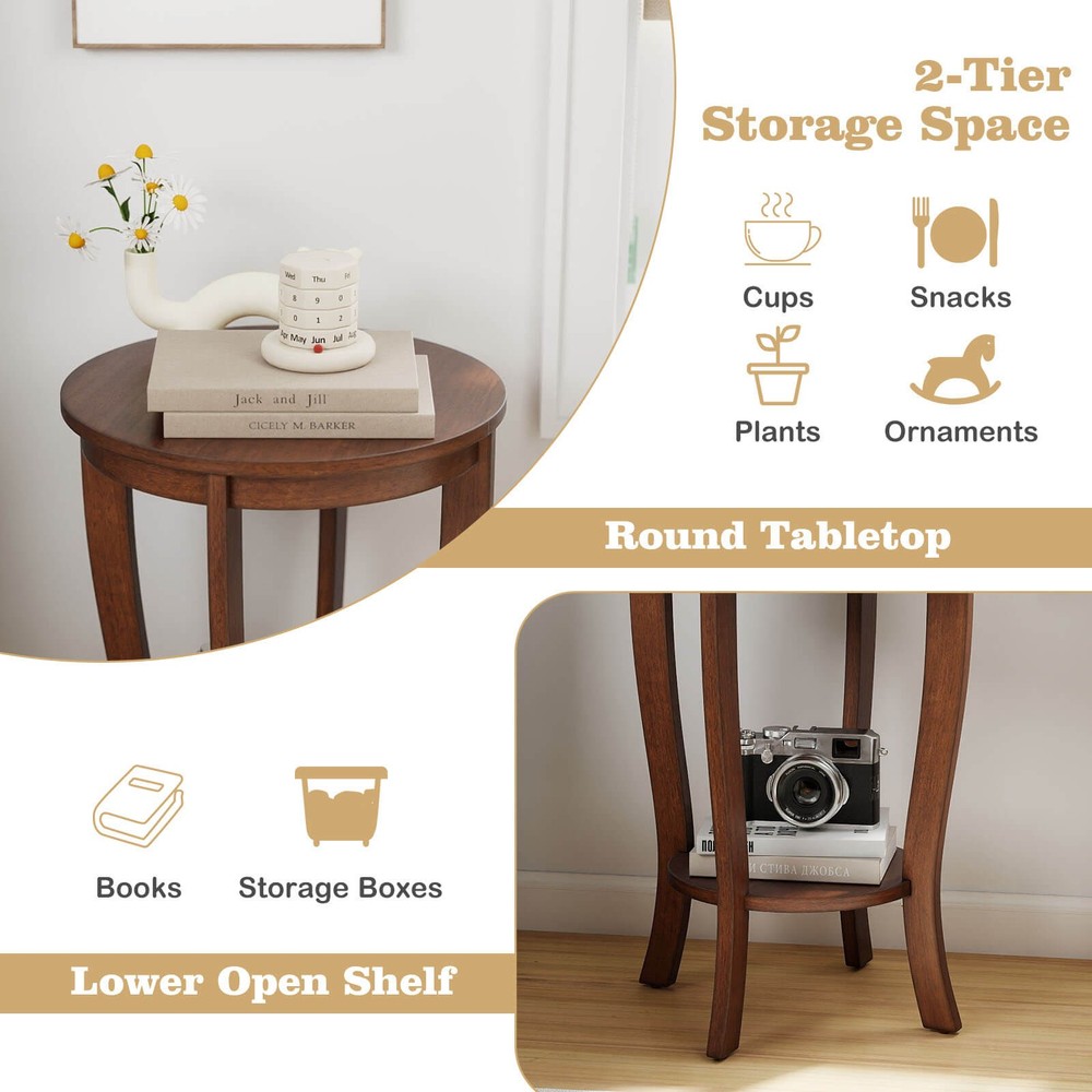 2-Tier End Table 18" Round Compact Sofa Side Nightstand w/Storage Shelf
