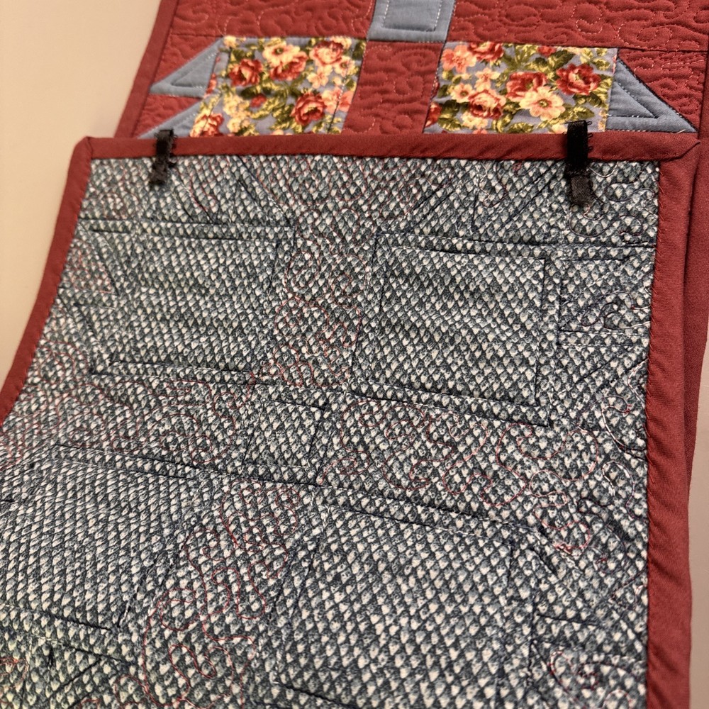 Quilt Wall Hanging Or Table Runner Patchwork Bear Claw Pink Blue