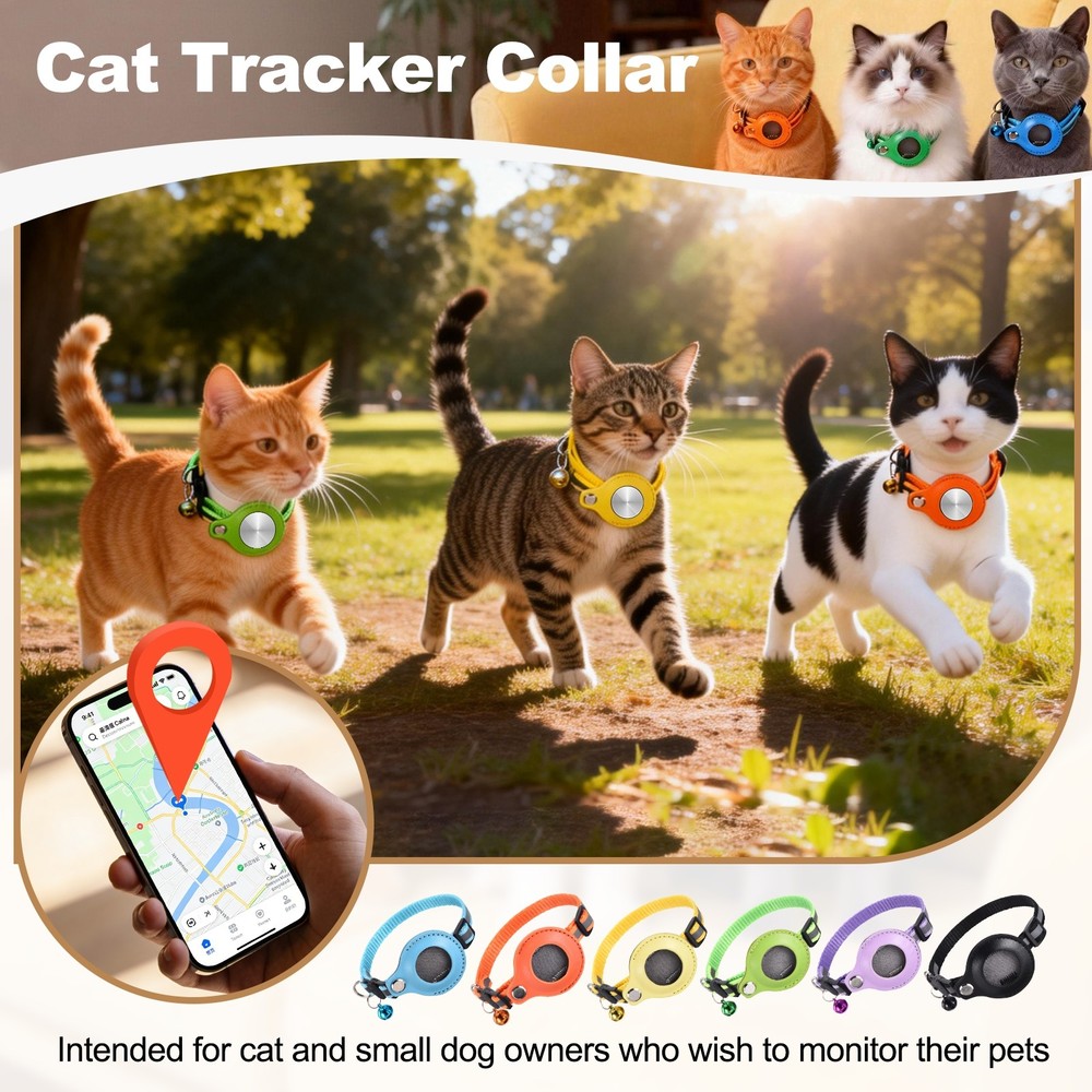 8.7"-13.4" Cat Tracker Collar with Leather Tracker Holder 2Pcs Black/Blue