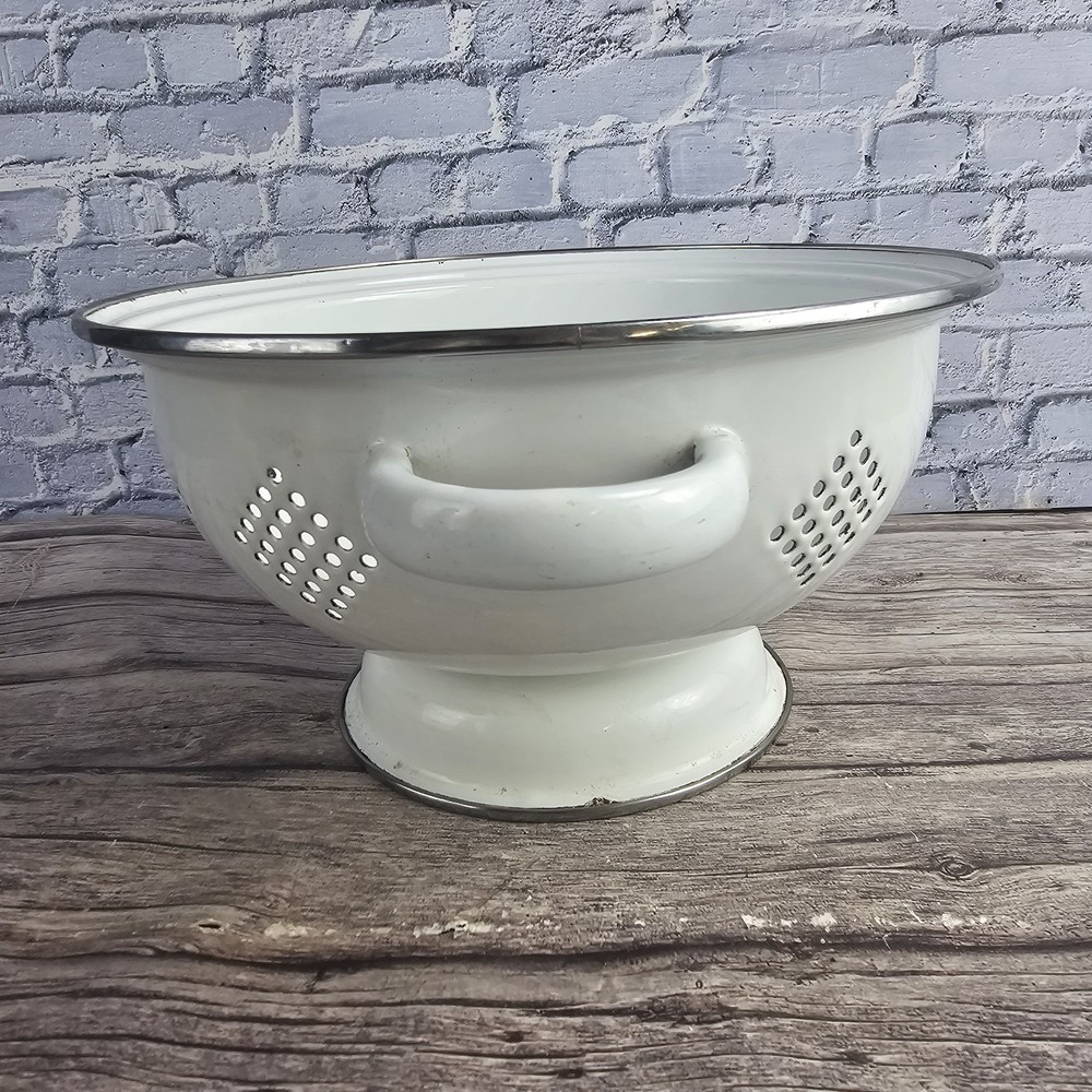 White Enamel Colander 10" Metal Strainer Silver Trim