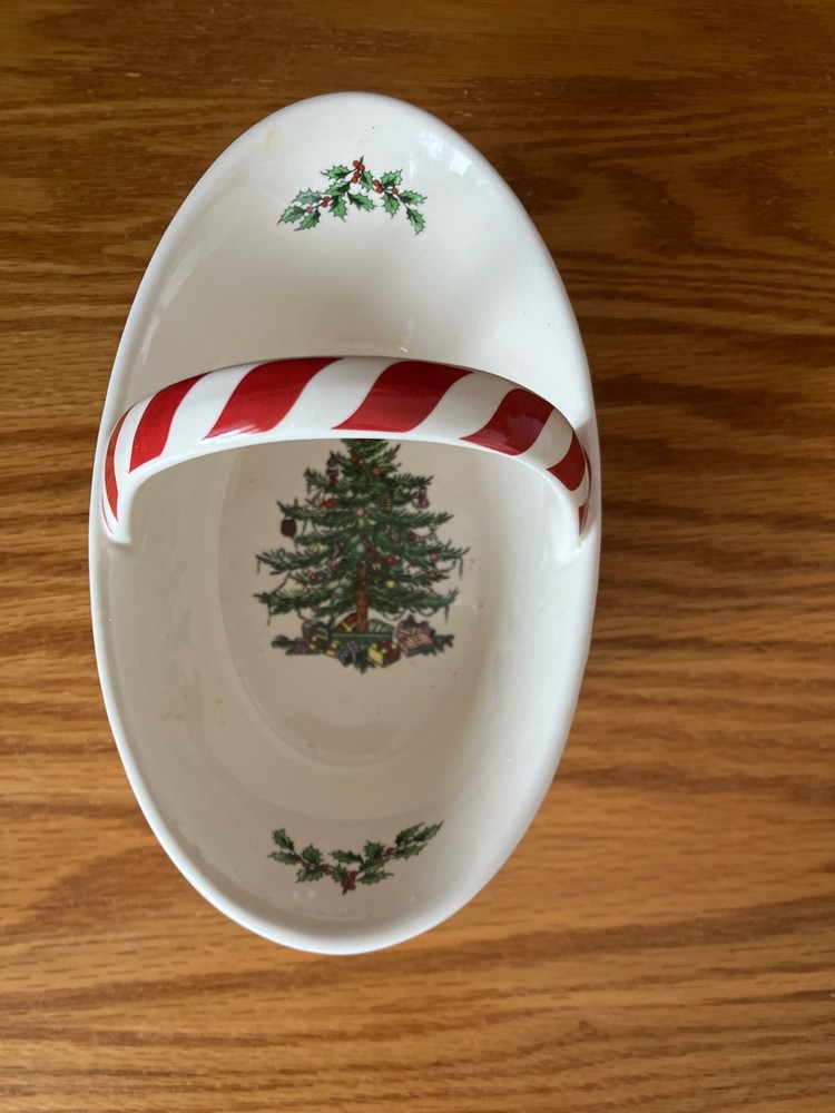 Spode Christmas Tree Peppermint Handle Basket Candy Dish 6.5" MINT IN BOX WOW