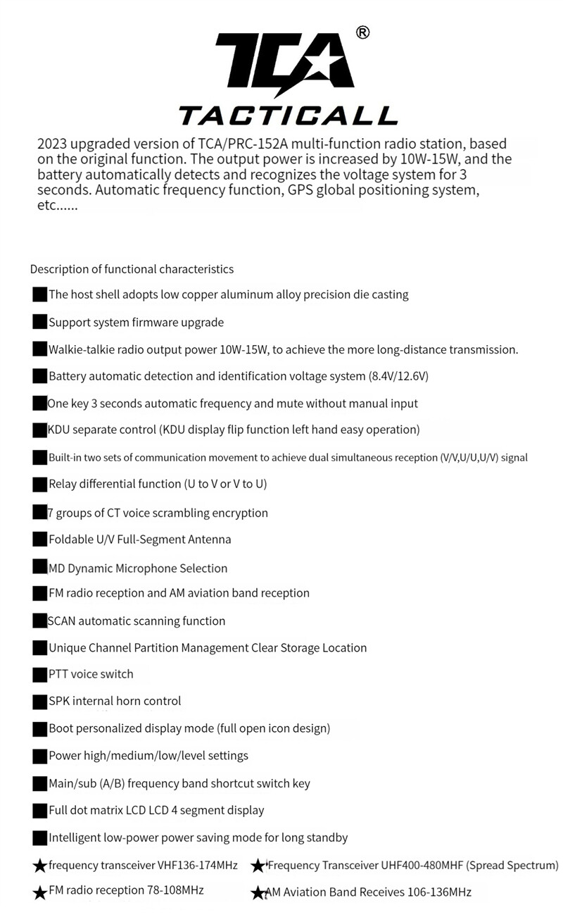 IN US- 2023 TCA PRC 152A UV GPS Ver. Handset Radio 15W Aluminum Handheld Replica