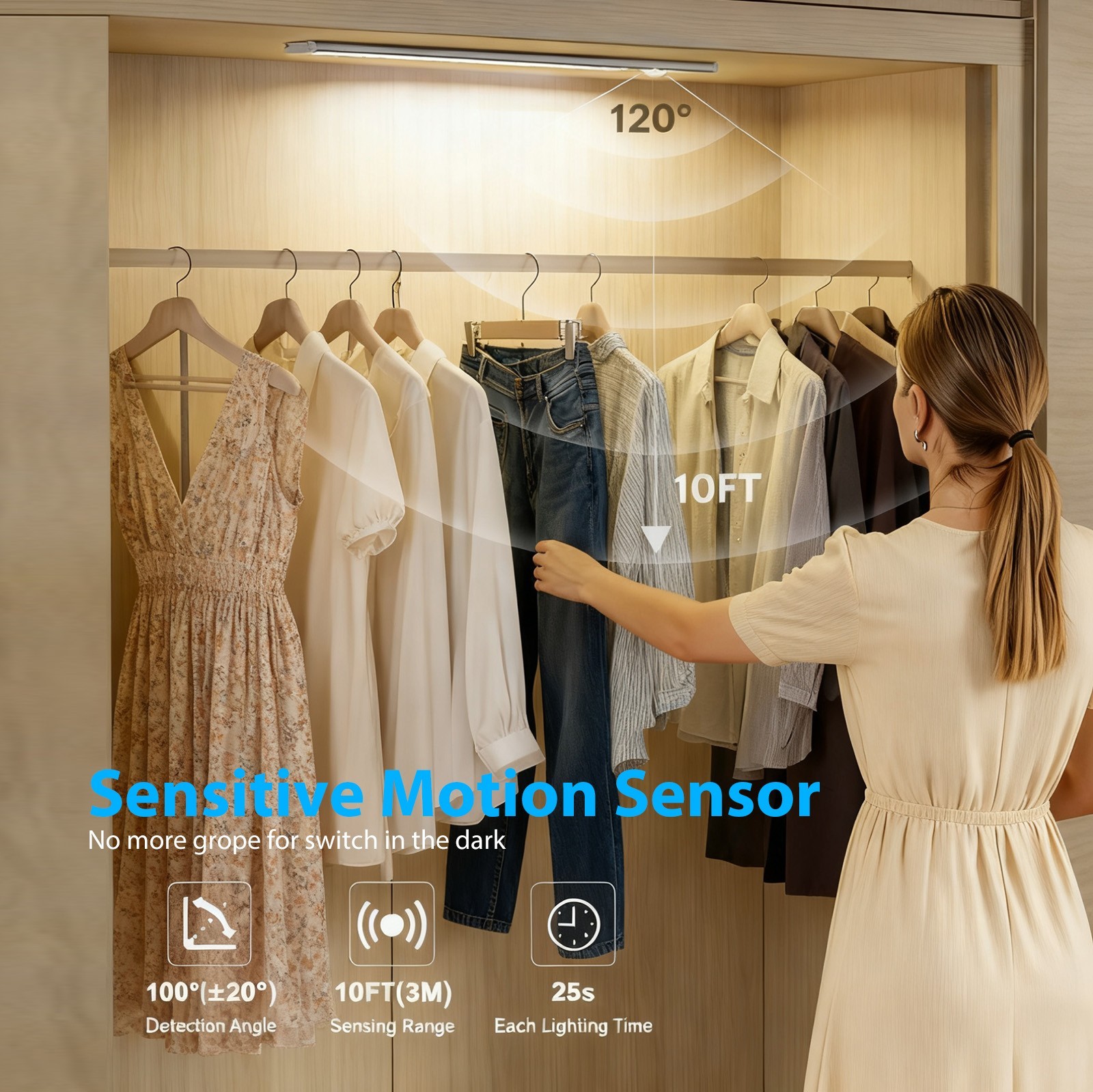 3-Pack LED Under Cabinet Lamp, Rechargeable Motion Sensor, 3 Color Dimmable