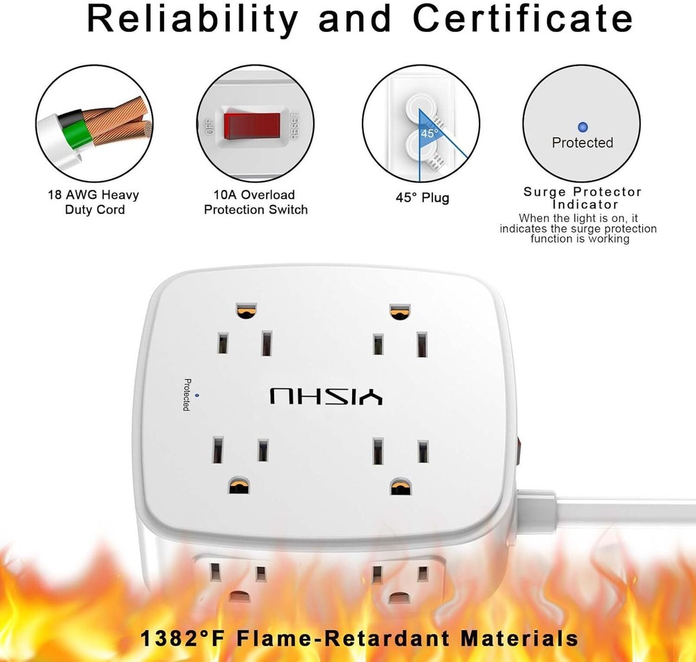 6FT Power Strip Surge Protector, 8 Outlets 4 USB, Flat Plug, Wall Mount, White