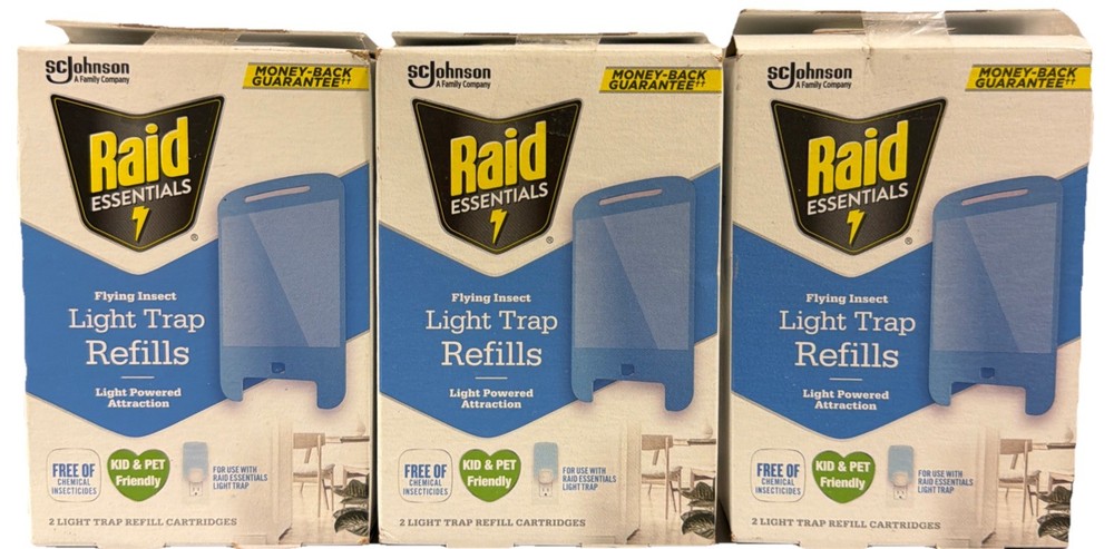 6 Raid Essentials Flying Insects Light Trap Refill Cartridges Pet Friendly 2ct