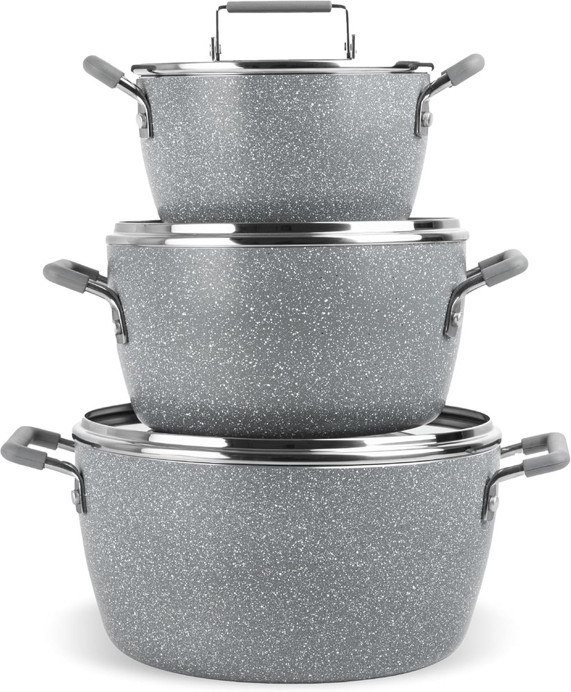 Granitestone Gray Pots and Pans Set Nonstick, 6 Stackable Piece Cooking Pots Set