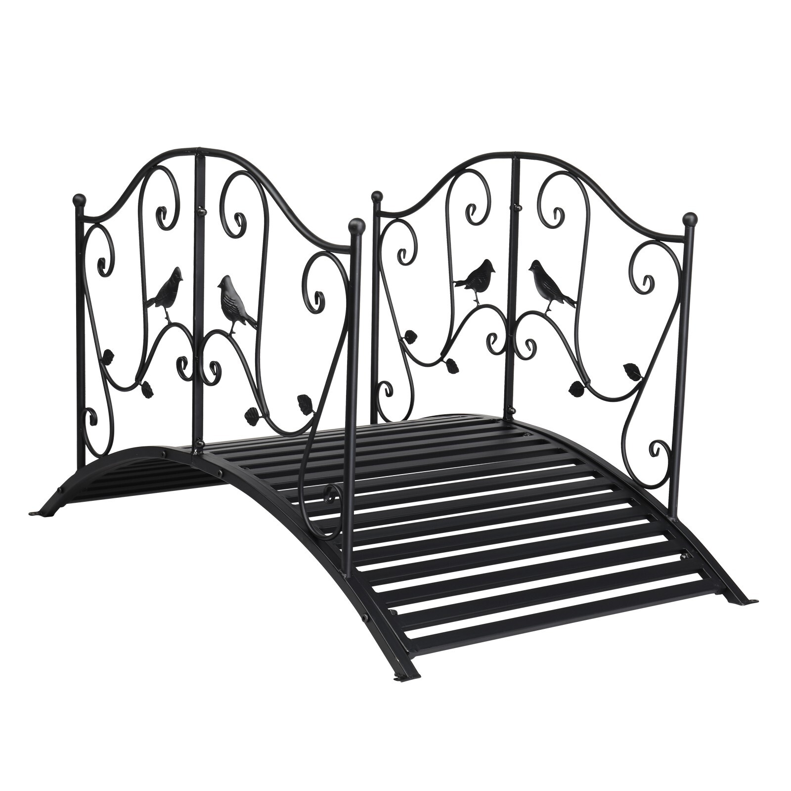 3.9FT Rustic Black Iron Bridge Courtyard Garden W/Bird Pattern Arched Handrails