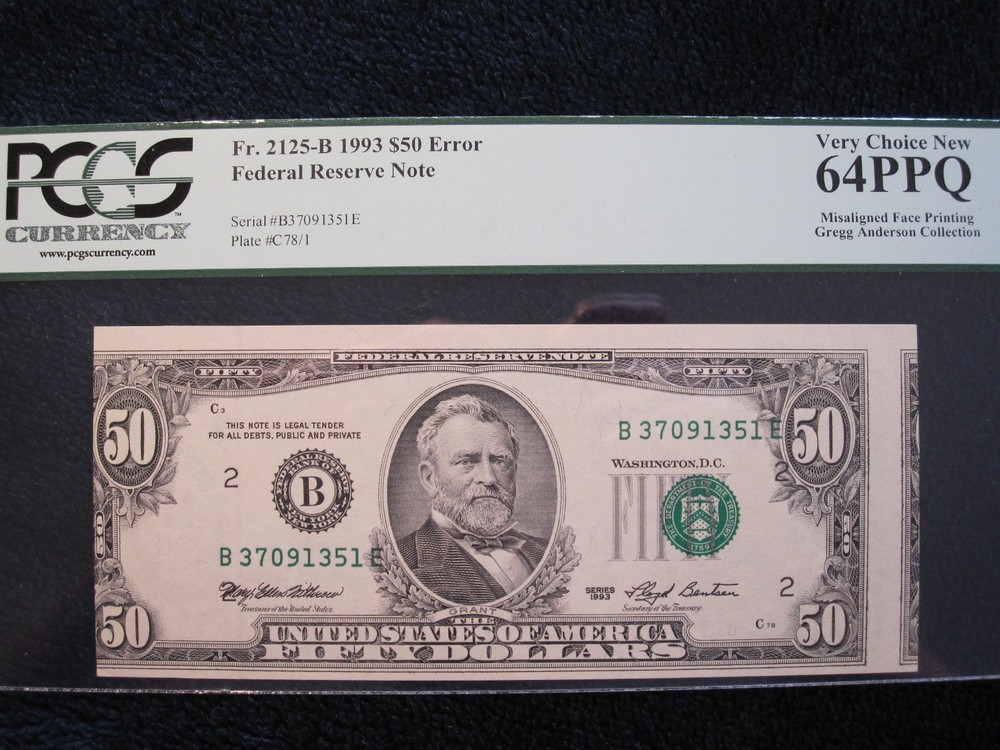 1993 $50 PCGS 64 PPQ FR2125-B PRINTING ERROR NOTE BILL MISALIGNMENT MISALIGNED