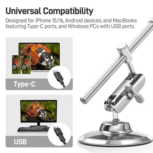 Portable USB-C Digital Microscope 10X-200X Magnification, 8 LED Lights, Handheld