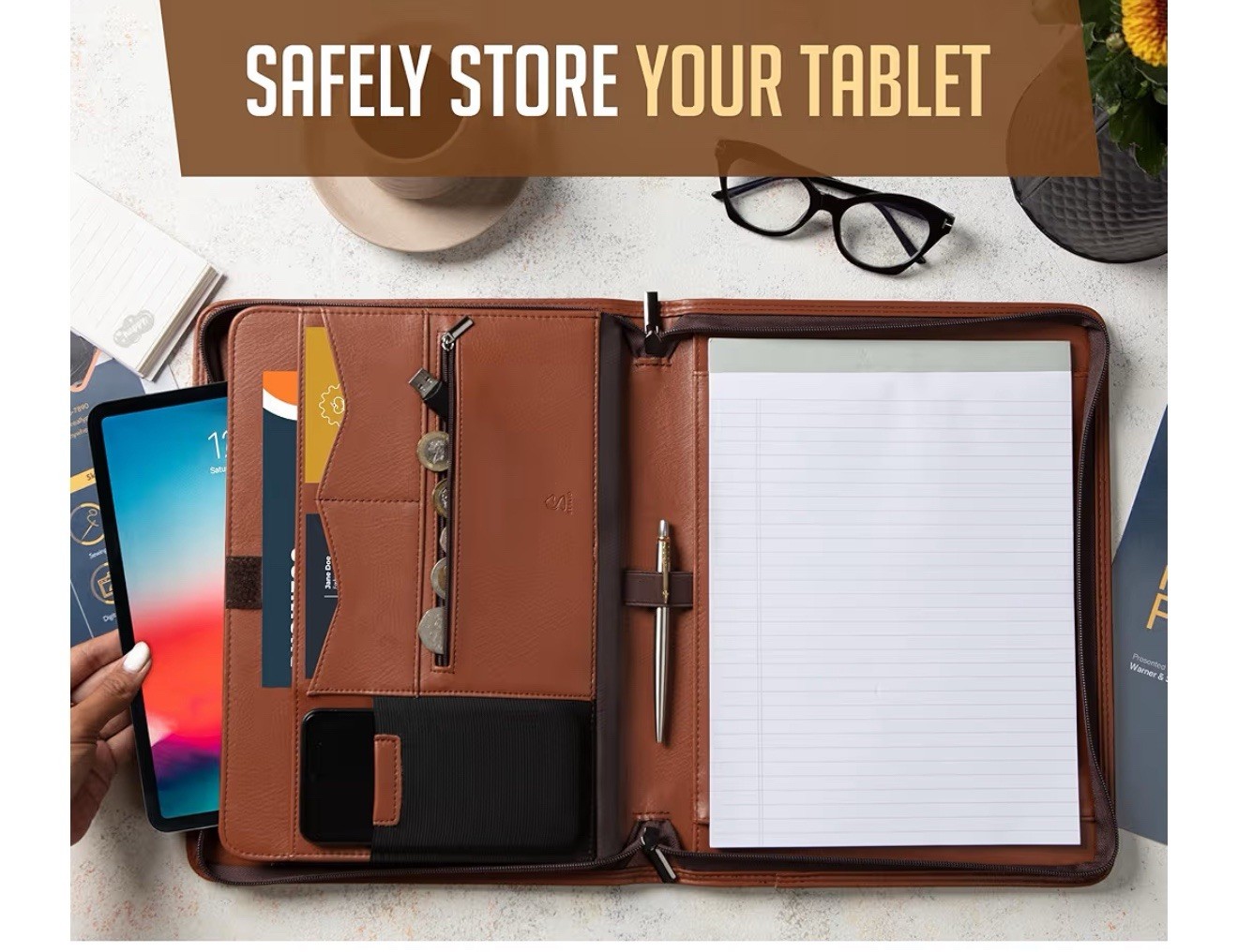 Zipper Padfolio Portfolio Binder Organizer (Tan) | Faux Leather Portfolio