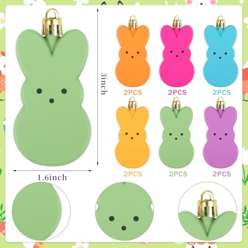 LOAVER 12 Pcs Easter Bunny Hanging Ornaments,Colorful Peeps Bunny Plastic