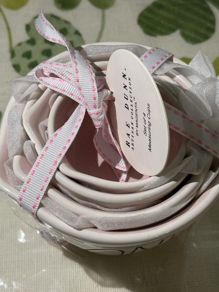Rae Dunn White Ceramic Measuring Cups W/ Pink Interior- Nesting- 4 Pc Set