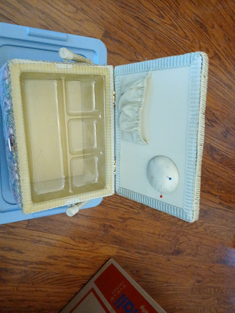 Vintage Fabric Covered Sewing Box with Handle