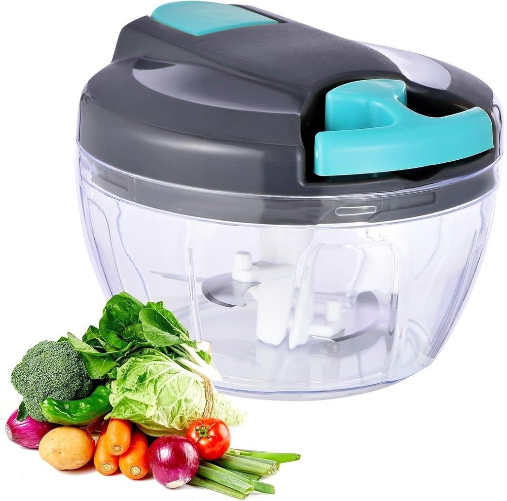 Manual Food Processor Vegetable Chopper-500ml Hand Pull Garlic Mincer Grey/Blue