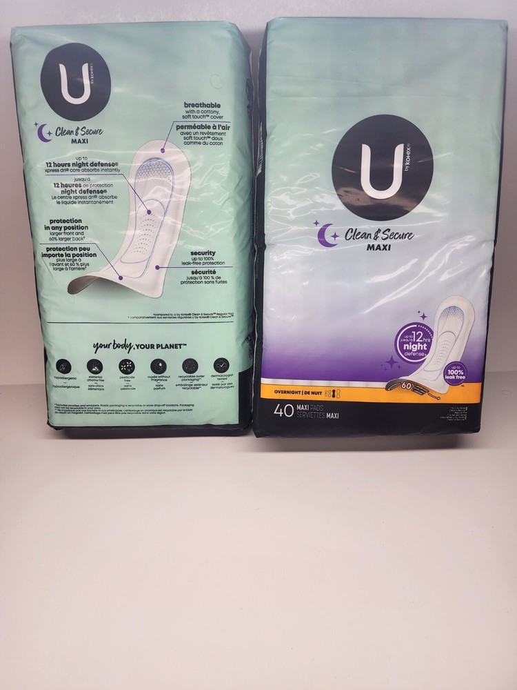 U by Kotex Clean & Secure Overnight Maxi Pads, 40 Count 2 Pack