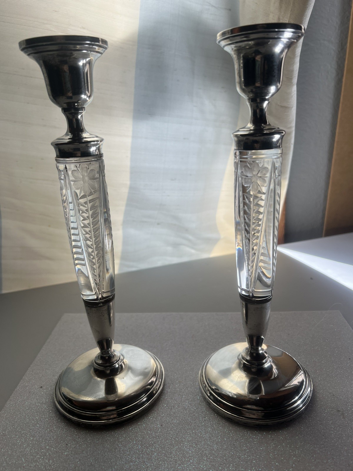 Antique Rare Hallmarked Sterling Silver Cement Filled Candlesticks Cut Glass