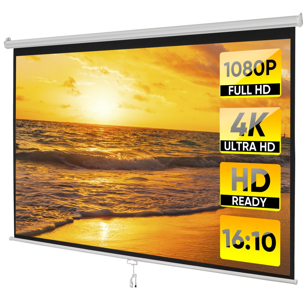 100" Projector Screen Manual Pull Down Projection Screen Theater 16:10 4K HD