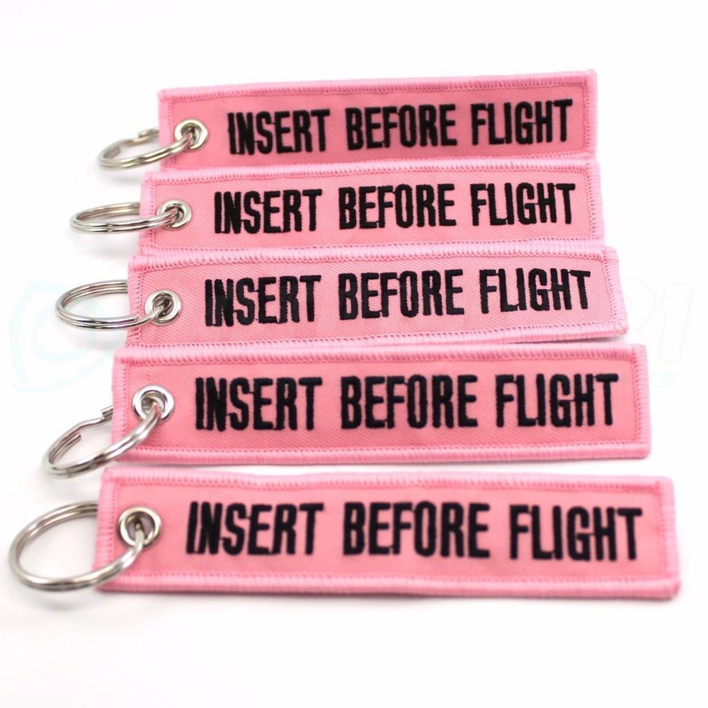 INSERT BEFORE FLIGHT QTY= 5 PCS PINK/black KEYCHAINS RING TAGS CABIN CREW