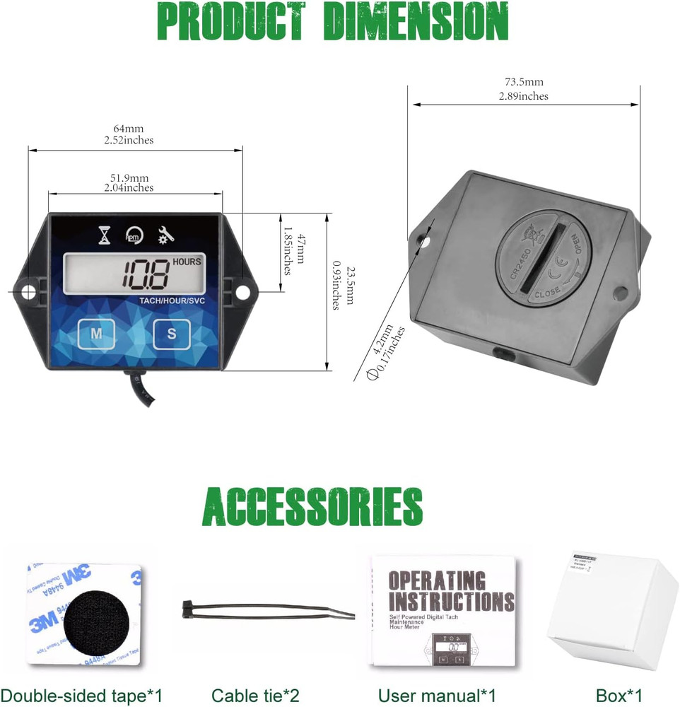 Digital Small Engine Tachometer Hour Meter,Resettable Hours,Replaceable Battery