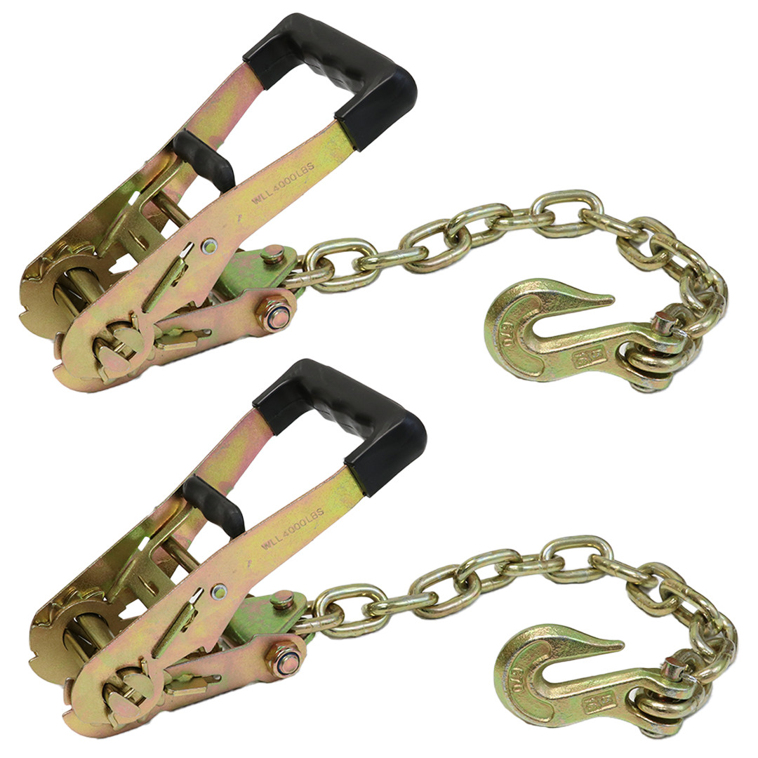 Ratchet Buckle with 5/16 Forged Hook Chain Extension 1.5 feet Tow Hook- 2 Pack
