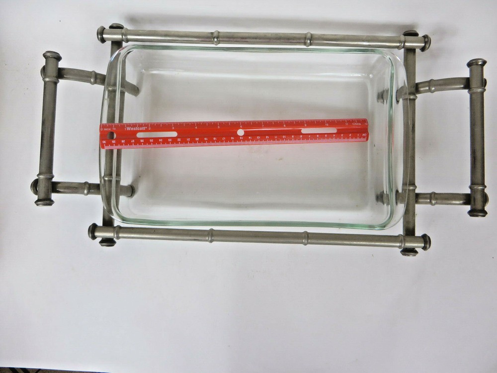 12X8 Rectangle Pyrex Clear Casserole Dish With Bamboo Style Silver Plate Carrier