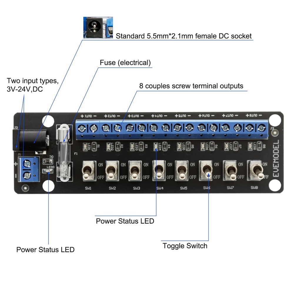 Evemodel 3V-24V DC Individual Toggle Switch Power Distribution Module 8 Channel