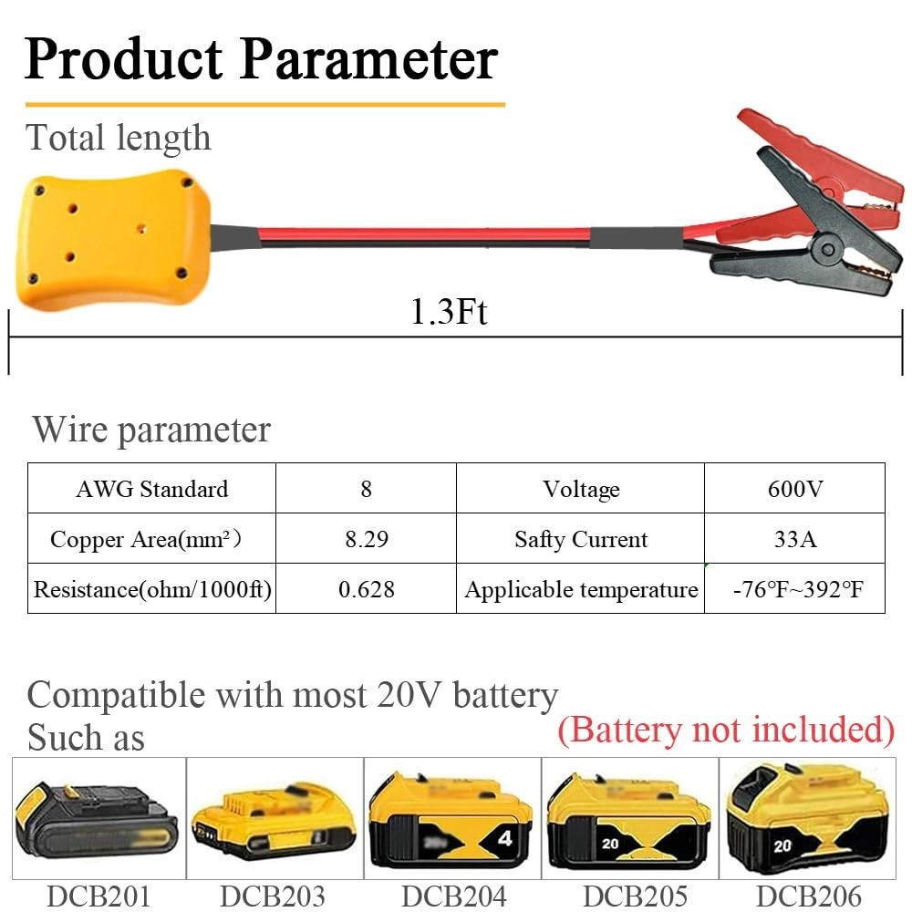 Jumper Cables with Adapter Compatible with Dewalt 20V Battery, 1.3FT 8AWG..