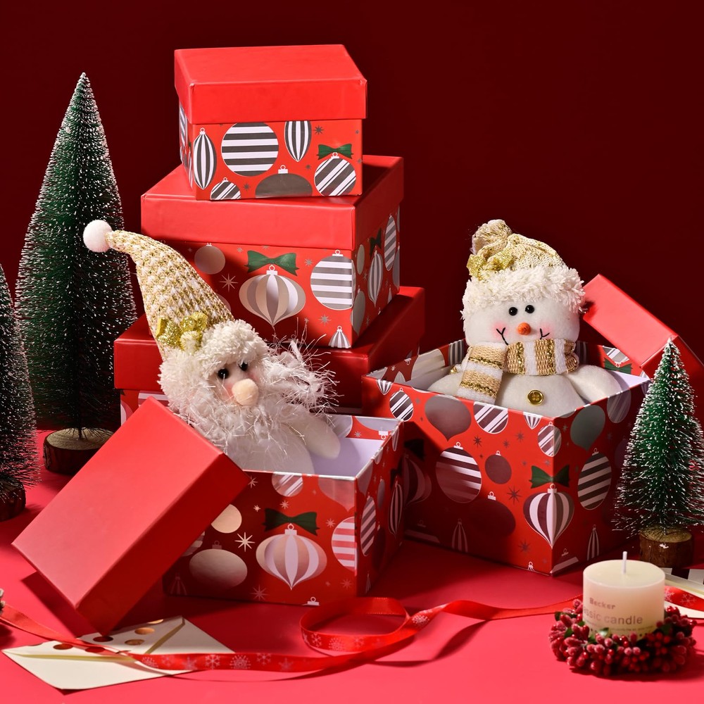 5PCS Christmas Nesting Gift Boxes Set, Red Silver Foil Lantern Flat Square Ca...