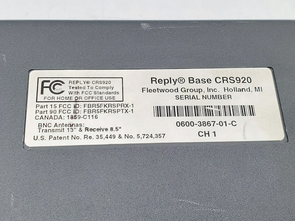 Fleetwood Cordless Response Reply BASE CRS920